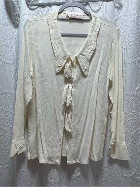 Cream Tie-Front Long-Sleeve Blouse